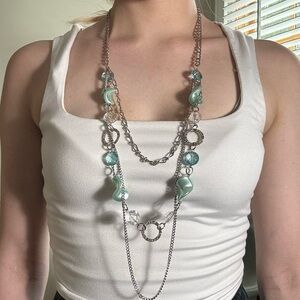 Y2K Silver Statement Layered Chain Necklace with Aqua & Clear Glass Beads